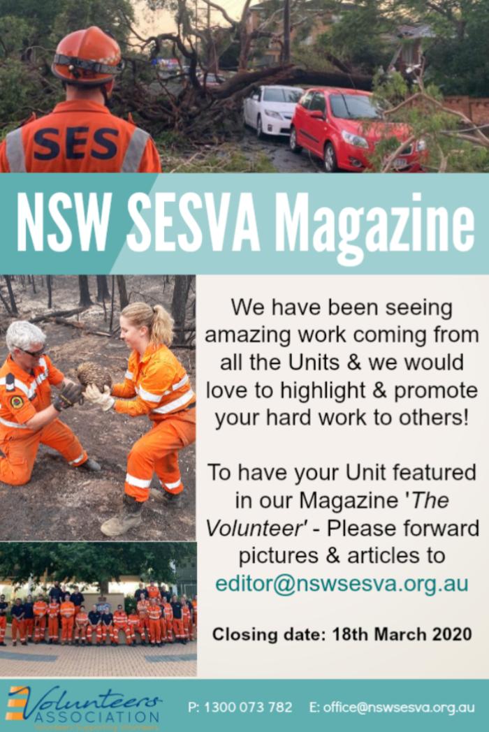 Submissions for the NSW SESVA Magazine due in by 18th March 2020